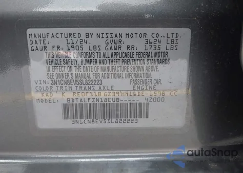 2025 Nissan Versa 1.6 Sv from USA, damaged, VIN 3N1CN8EV5SL822223